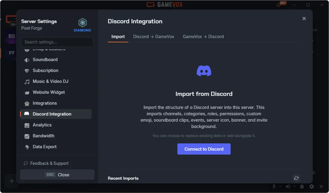 GameVox Discord integration for importing a Discord server