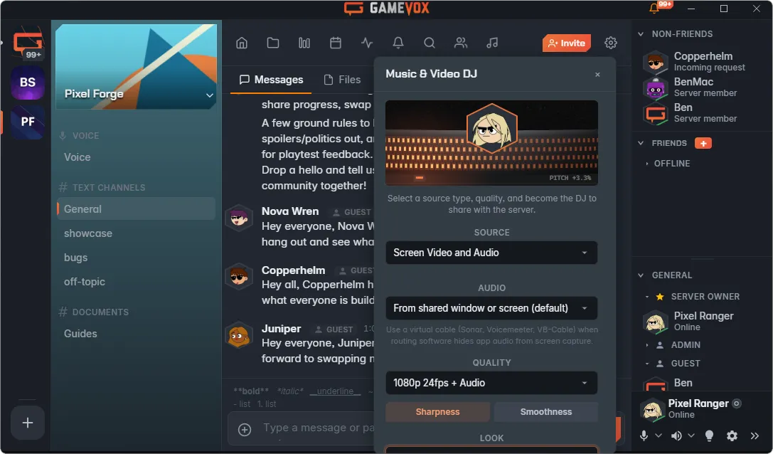 GameVox Music & Video DJ panel for sharing screen video and audio with a server