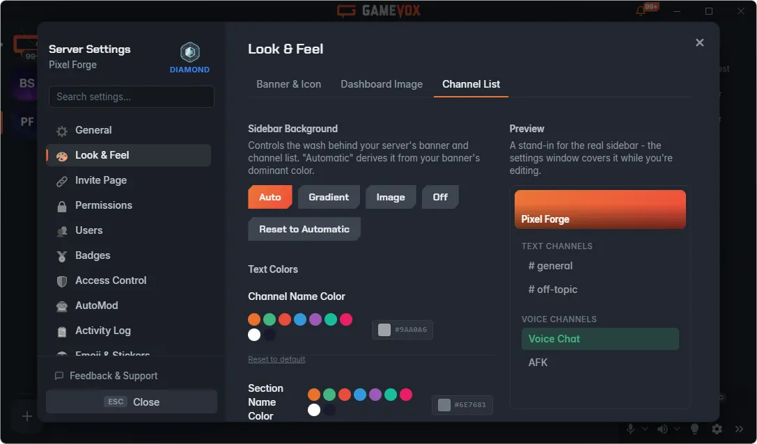 GameVox server settings for customizing the channel list background and colors