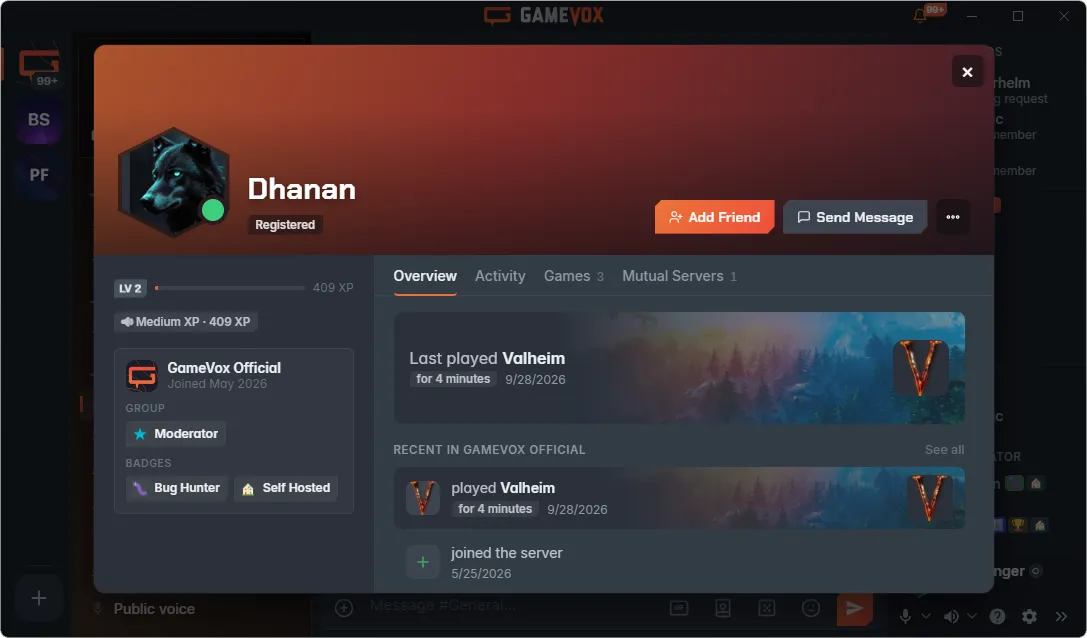 GameVox user profile with level, badges, and recently played games