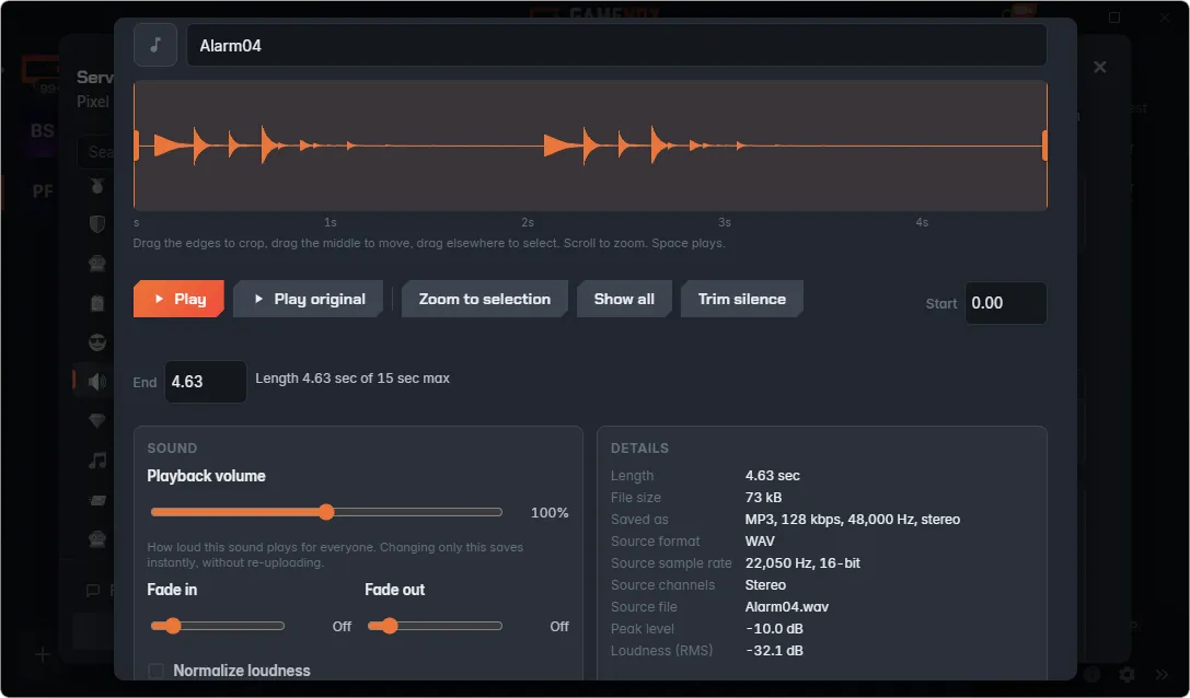 GameVox sound editor with waveform cropping, playback volume, and fades
