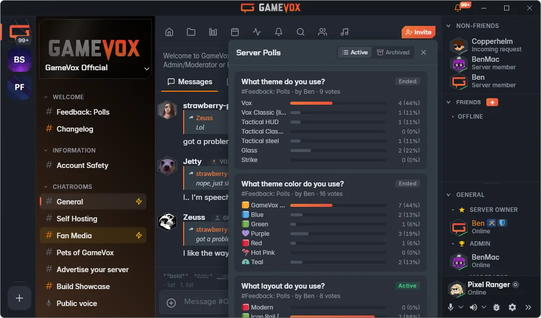 GameVox desktop app showing a server with text channels, chat, and server polls