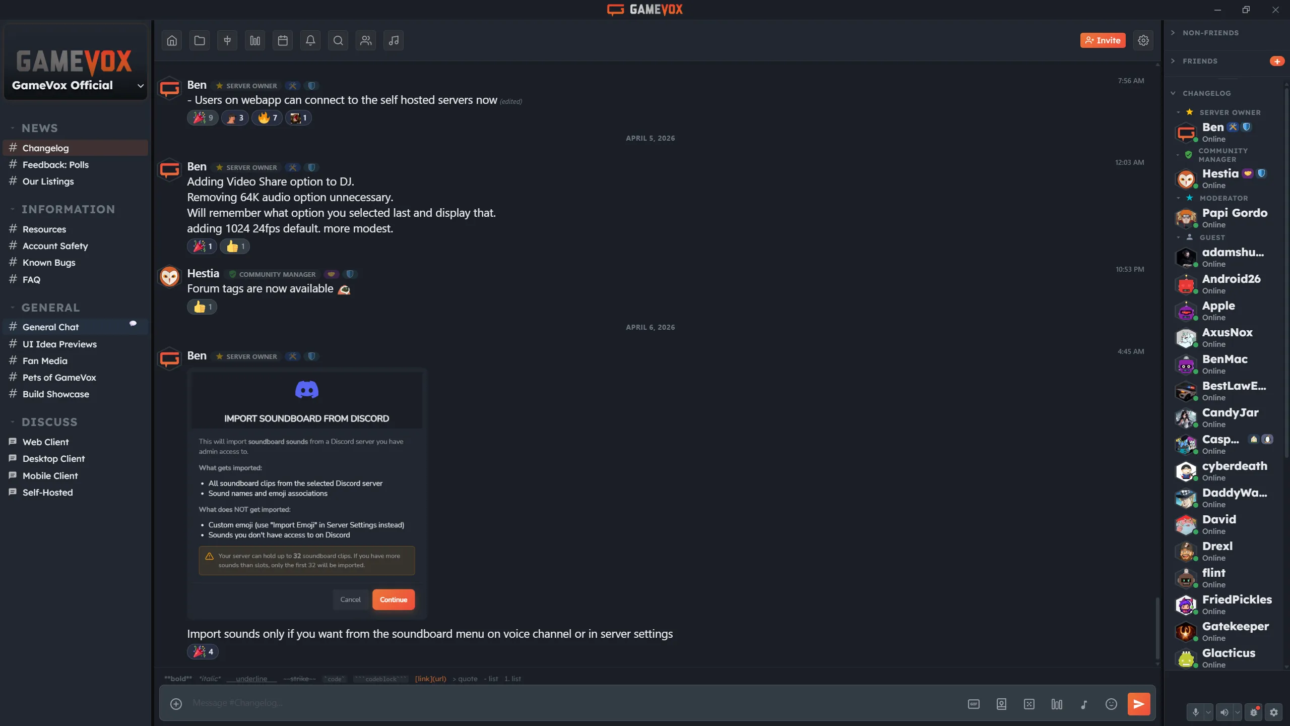 GameVox desktop app showing a server with voice, text, and screen sharing
