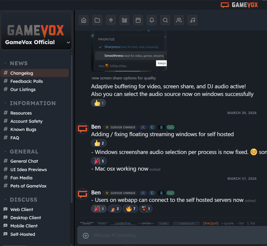 GameVox desktop app showing channels, chat, and screen share options