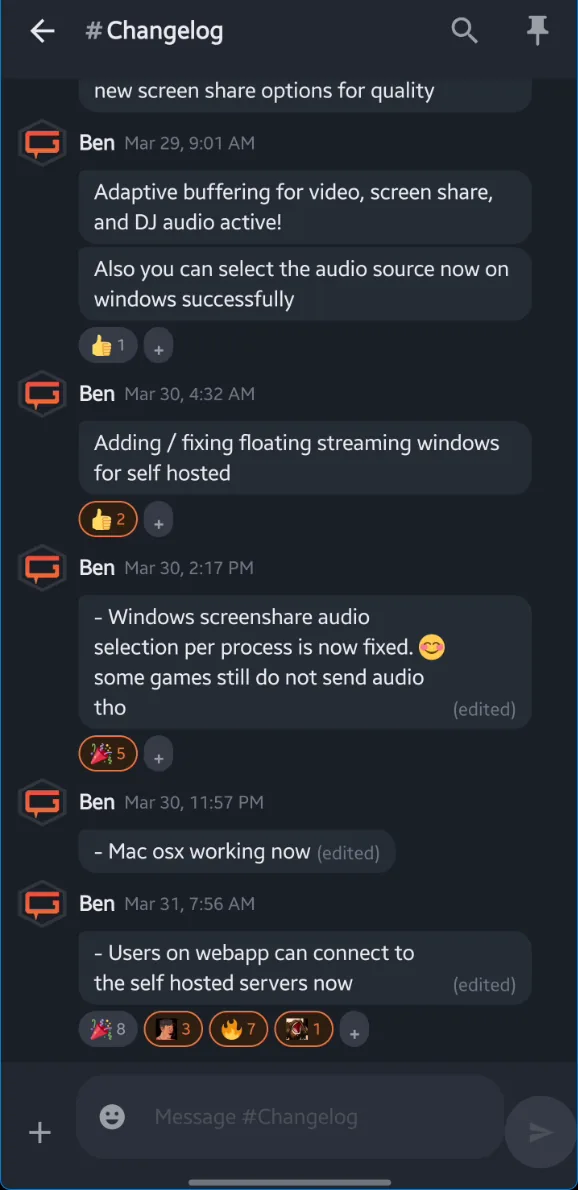 GameVox mobile app showing channels and chat